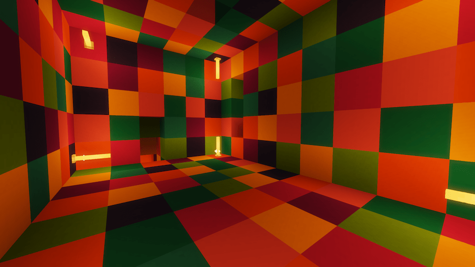 Asynchrony Gameplay: A room full of multi-coloured blocks with random colours of the rainbow and light sticks.
